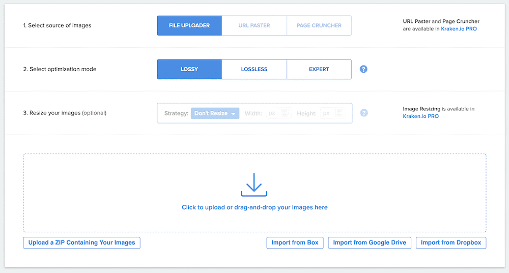 The Kraken interface, showing an ordered list of steps to upload an image, the second of which includes