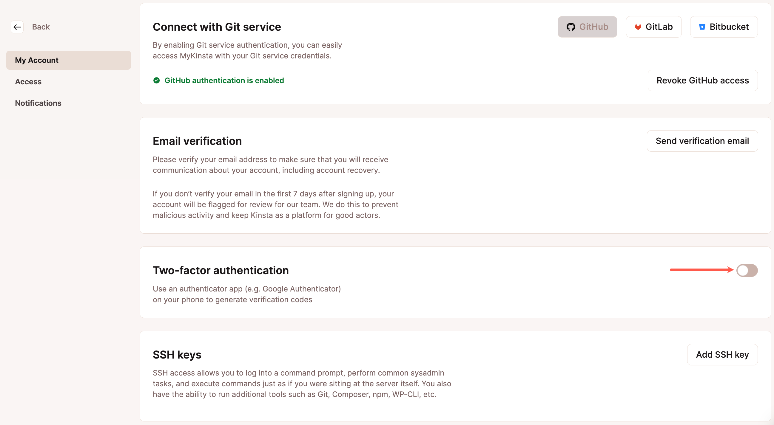 A screenshot showing a user enabling 2FA in the MyKinsta dashboard.